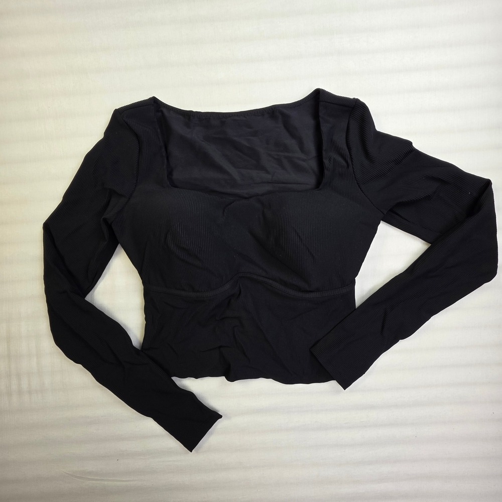 Halara Black Ribbed Long Sleeve Square Neck Built-in Bra Crop Top Size M